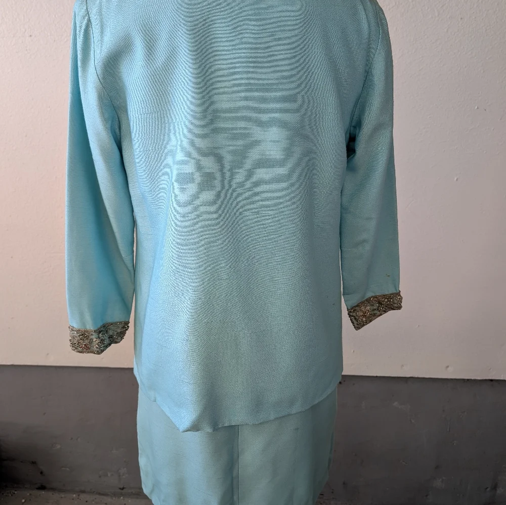Vintage Dress Jackie Kennedy Style Blue Sleeveless  Matching Coat Silver Detail - Picture 6 of 7